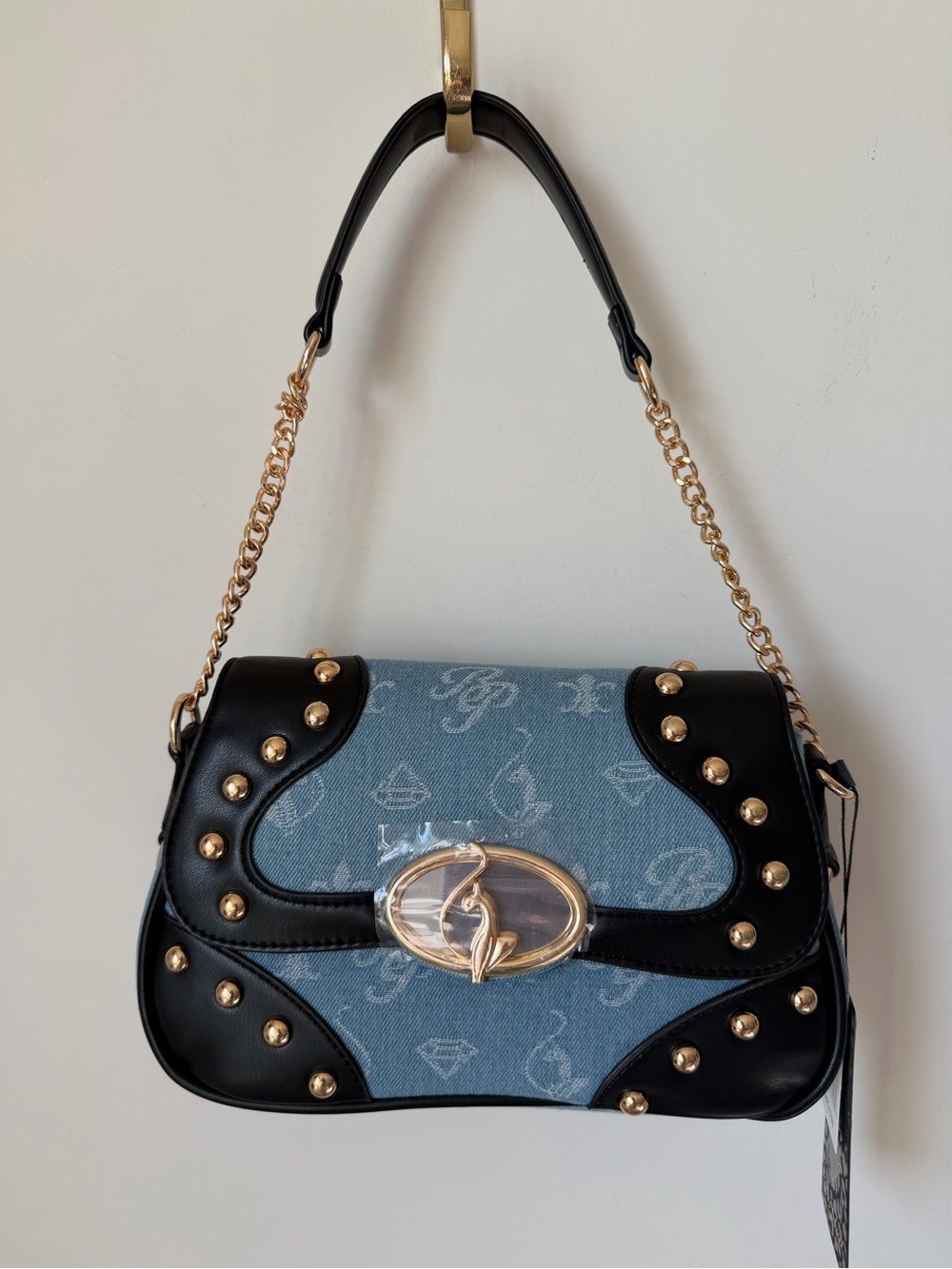 Baby Phat Black & Denim Shoulder Bag with Gold Hardware